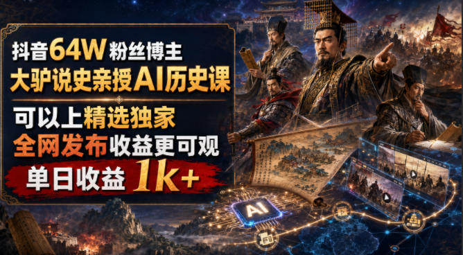 抖音64W粉丝博主大驴说史亲授AI历史课,可以上精选独家,全网发布收益更可观,单日收益1k+ 抖音64W粉丝博主大驴说史亲授AI历史课,可以上精选独家,全网发布收益更可观,单日收益1k+