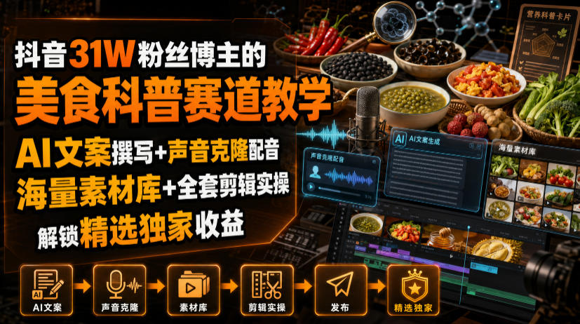 抖音31W粉丝博主的美食科普赛道教学，AI文案撰写+声音克隆配音+剪辑实操，解锁精选独家收益