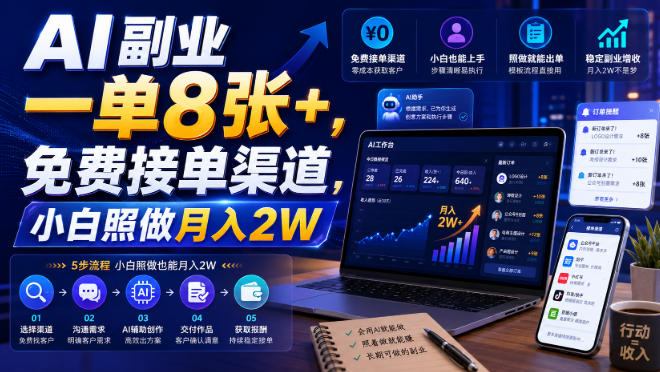 AI副业一单8张+,免费接单渠道,小白照做月入2W【揭秘】 AI副业一单8张+,免费接单渠道,小白照做月入2W【揭秘】
