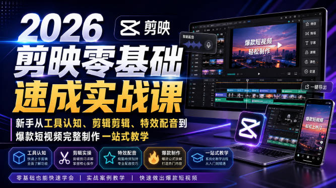2026剪映零基础速成实战课|新手从工具认知、剪辑剪辑、特效配音到爆款短视频完整制作一站式教学 2026剪映零基础速成实战课|新手从工具认知、剪辑剪辑、特效配音到爆款短视频完整制作一站式教学