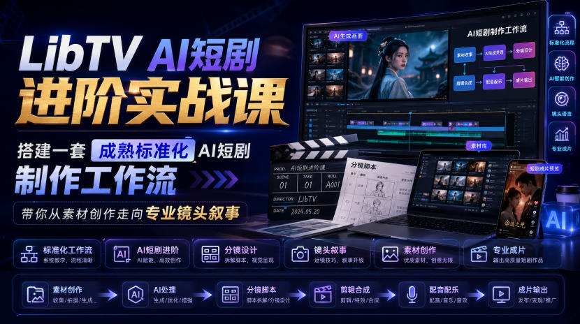 LibTV AI短剧进阶实战课,搭建一套成熟标准化AI短剧制作工作流,带你从素材创作走向专业镜头叙事 LibTV AI短剧进阶实战课,搭建一套成熟标准化AI短剧制作工作流,带你从素材创作走向专业镜头叙事