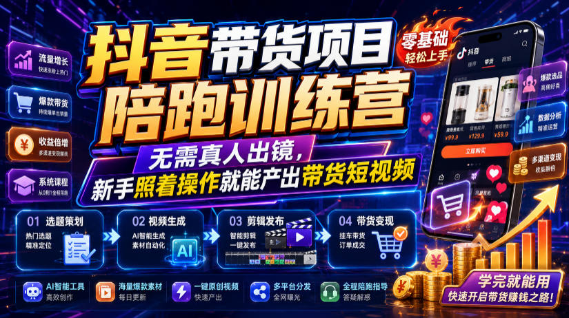 抖音带货项目陪跑训练营,无需真人出镜,新手照着操作就能产出带货短视频(更新0811) 抖音带货项目陪跑训练营,无需真人出镜,新手照着操作就能产出带货短视频(更新0811)
