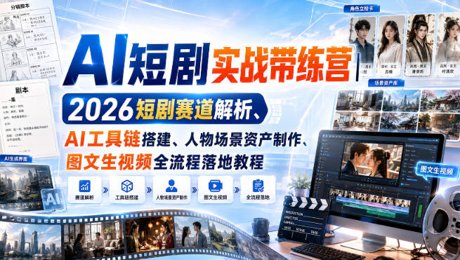 AI短剧实战带练营|2026短剧赛道解析、AI工具链搭建、人物场景资产制作、图文生视频全流程落地教程 AI短剧实战带练营|2026短剧赛道解析、AI工具链搭建、人物场景资产制作、图文生视频全流程落地教程