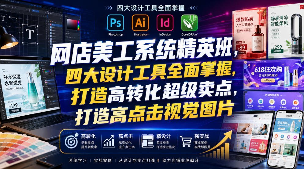 网店美工系统精英班，四大设计工具全面掌握，打造高转化超级卖点，打造高点击视觉图片（2026年7月）