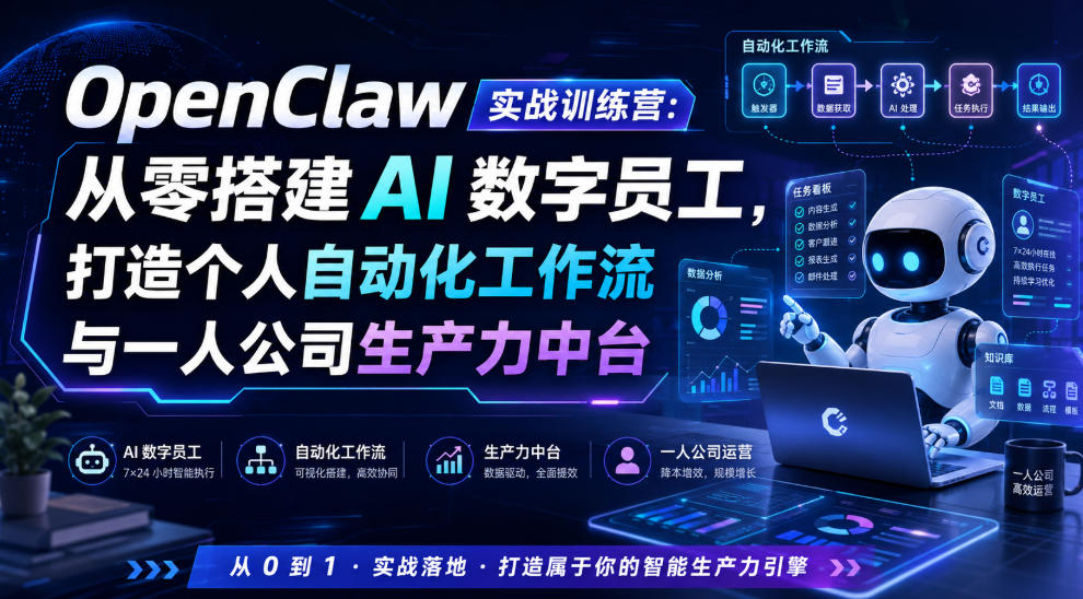 OpenClaw实战训练营:从零搭建AI数字员工,打造个人自动化工作流与一人公司生产力中台 OpenClaw实战训练营:从零搭建AI数字员工,打造个人自动化工作流与一人公司生产力中台