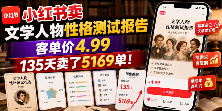 小红书卖文学人物性格测试报告，客单价4.99，135天卖了5169单！
