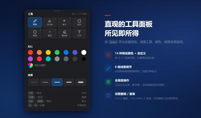 开源轻量级屏幕标注工具,1.4MB实现电脑全屏变自由画布!支持8种标注工具和全键盘操控MarkerOn 开源轻量级屏幕标注工具,1.4MB实现电脑全屏变自由画布!支持8种标注工具和全键盘操控MarkerOn