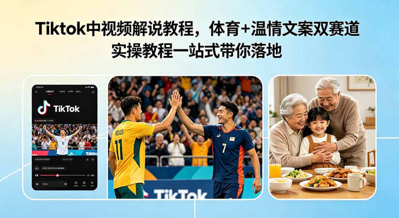 Tiktok中视频解说教程，体育+温情文案双赛道实操教程一站式带你落地，教你出海賺美刀
