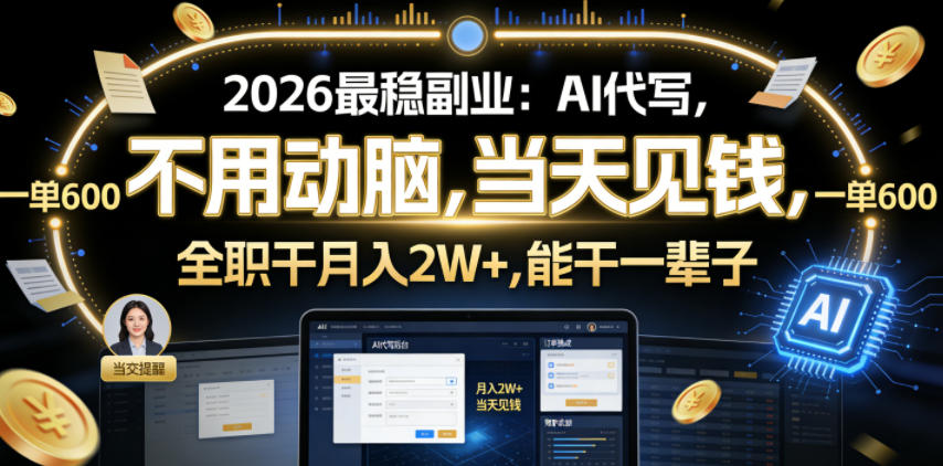2026最稳副业：AI代写，不用动脑，当天见钱，一单600，全职干月入2W+，能干一辈子【揭秘】