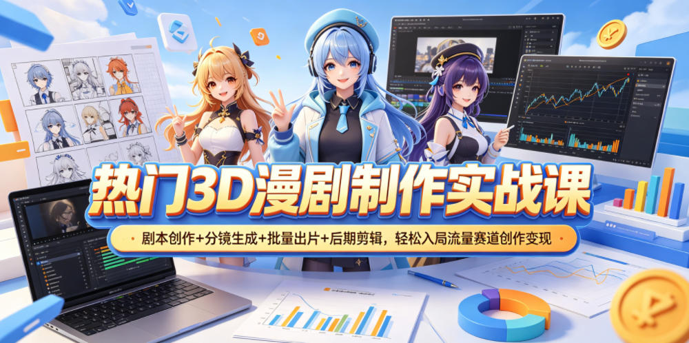 热门3D漫剧制作实战课，剧本创作+分镜生成+批量出片+后期剪辑，轻松入局流量赛道创作变现