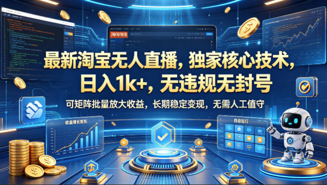 最新淘宝无人直播，独家核心技术，日入1k+，无违规无封号，可矩阵批量放大，长期稳定，无需人工值守【揭秘】