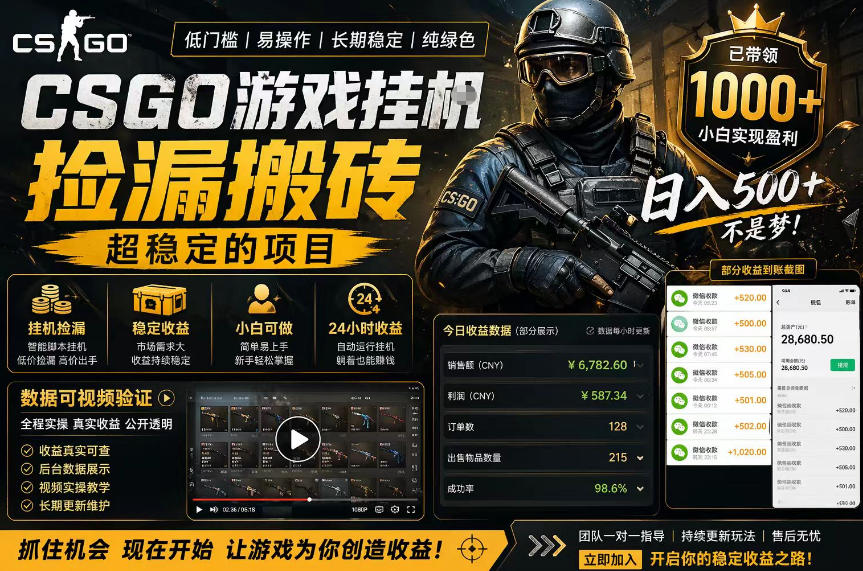CSGO游戏搬砖，全自动挂G，不需要玩游戏，手机操作日入300+，解放双手【揭秘】
