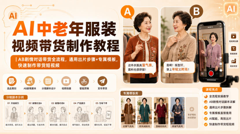 AI中老年服装视频带货制作教程|AB剧情对话带货全流程,通用出片步骤+专属模板,快速制作带货短视频 AI中老年服装视频带货制作教程|AB剧情对话带货全流程,通用出片步骤+专属模板,快速制作带货短视频