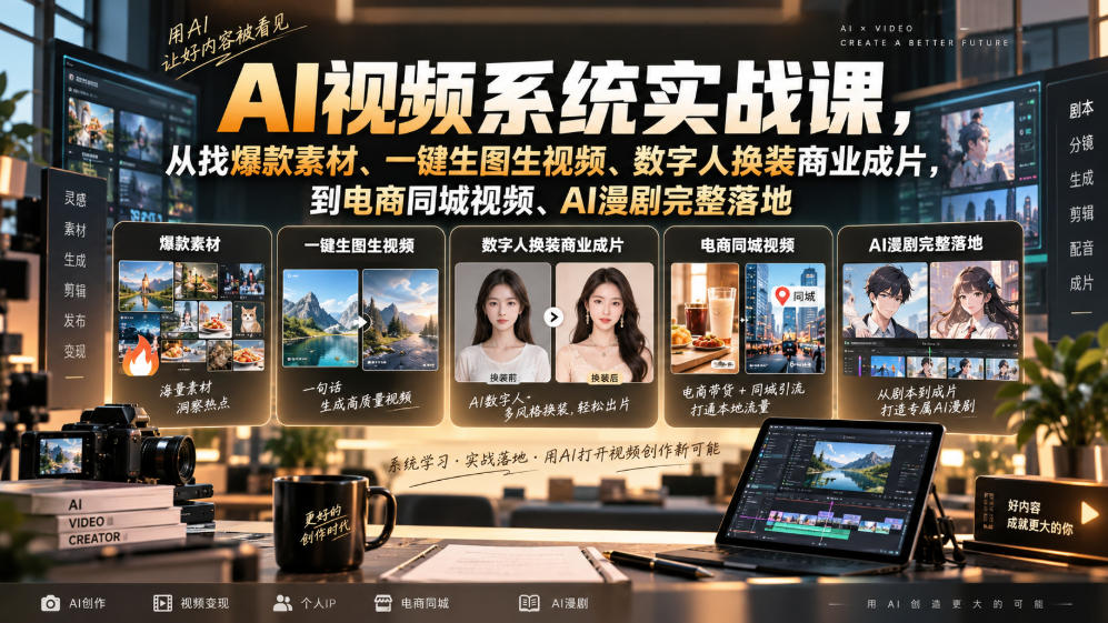 AI视频系统实战课,从找爆款素材、一键生图生视频、数字人换装商业成片,到电商同城视频、AI漫剧完整落地 AI视频系统实战课,从找爆款素材、一键生图生视频、数字人换装商业成片,到电商同城视频、AI漫剧完整落地