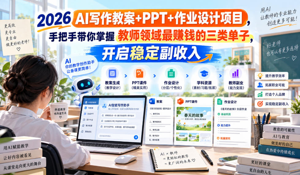 2026 AI写作教案+PPT+作业设计项目,手把手带你掌握教师领域最賺钱的三类单子,开启稳定副收入 2026 AI写作教案+PPT+作业设计项目,手把手带你掌握教师领域最賺钱的三类单子,开启稳定副收入
