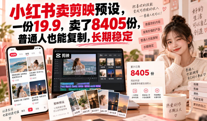 小红书卖剪映预设,一份19.9,卖了8405份,普通人也能复制,长期稳定 小红书卖剪映预设,一份19.9,卖了8405份,普通人也能复制,长期稳定