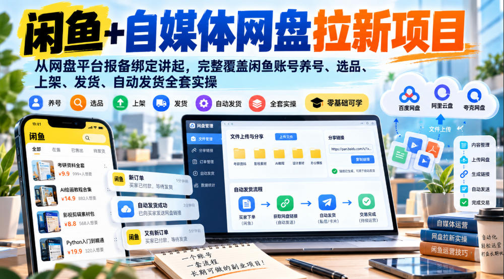 闲鱼+自媒体网盘拉新项目，从网盘平台报备绑定讲起，完整覆盖闲鱼账号养号、选品、上架、发货、自动发货全套实操