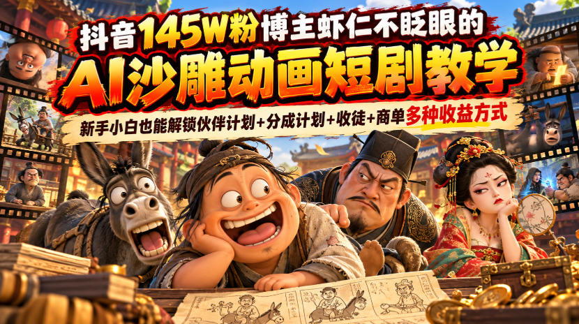 抖音145W粉博主虾仁不眨眼的AI沙雕动画短剧教学，新手小白也能解锁伙伴计划+分成计划+收徒+商单多种收益方式