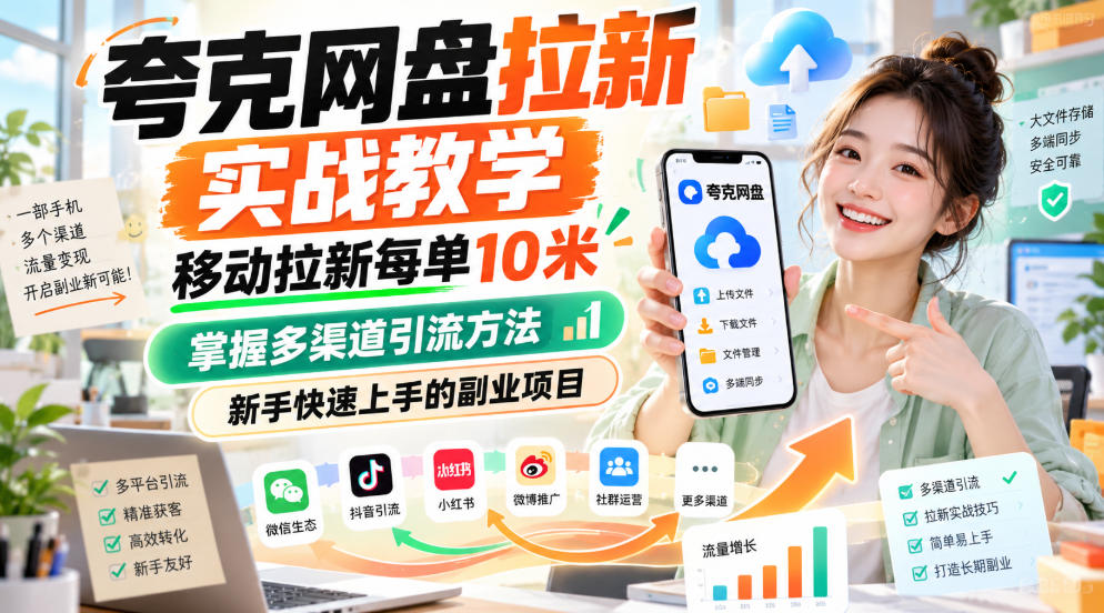 夸克网盘拉新实战教学,移动拉新每单10米,掌握多渠道引流方法,新手快速上手的副业项目(更新1028) 夸克网盘拉新实战教学,移动拉新每单10米,掌握多渠道引流方法,新手快速上手的副业项目(更新1028)
