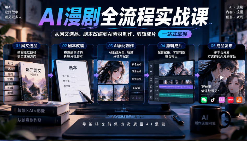 AI漫剧全流程实战课，覆盖从网文选品、剧本改编到AI素材制作、剪辑成片的完整链路
